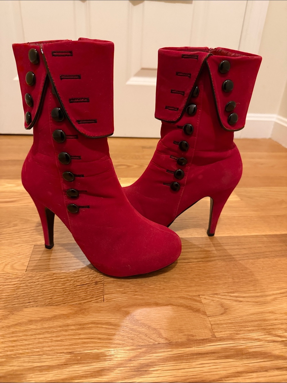 Red Fold-Cuff High Heel Ankle Boots with Button Detail